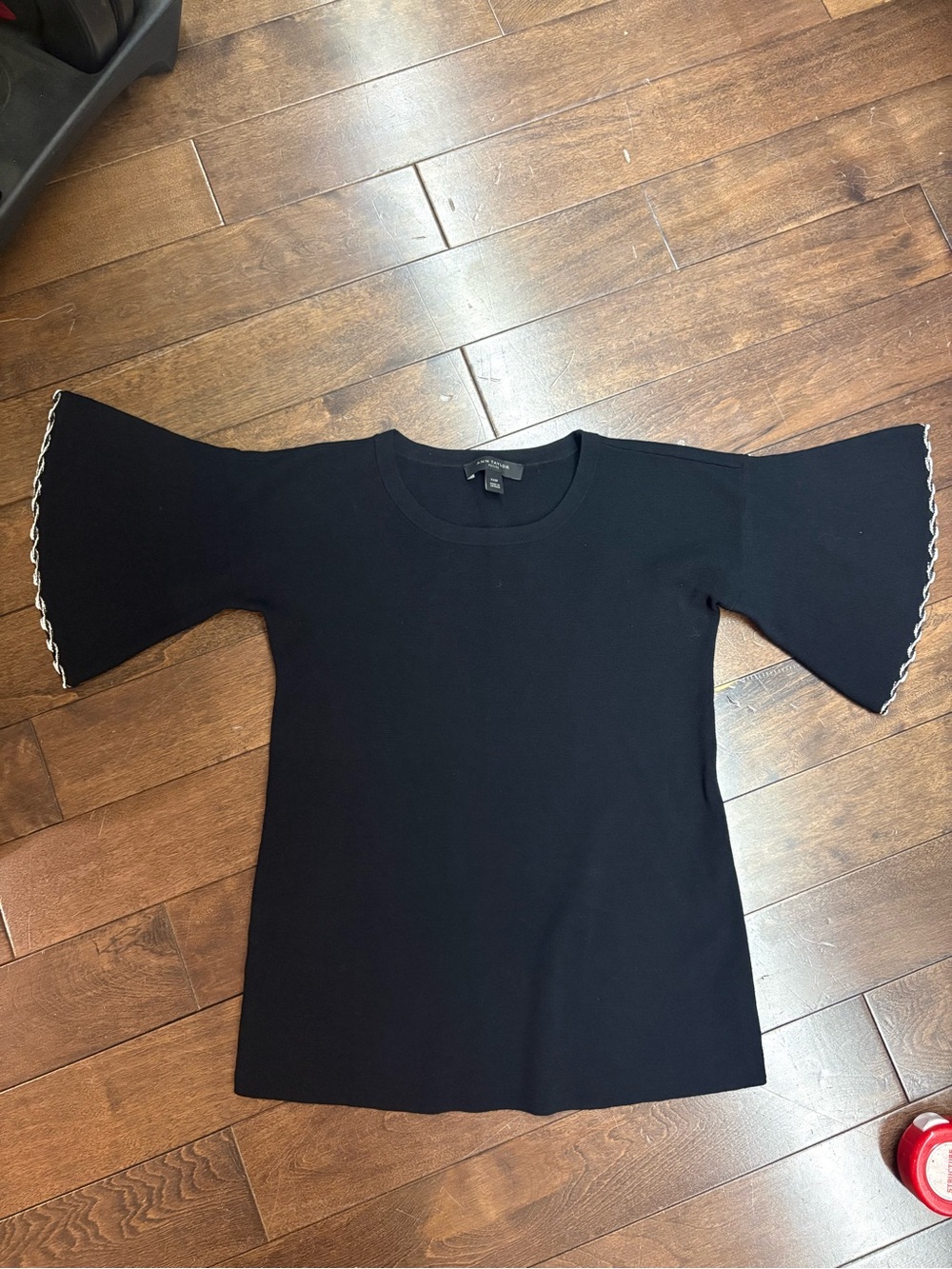 Ann Taylor Petite Bell Sleeve Top - Contrast Trim Black Knit Sweater - XXSP